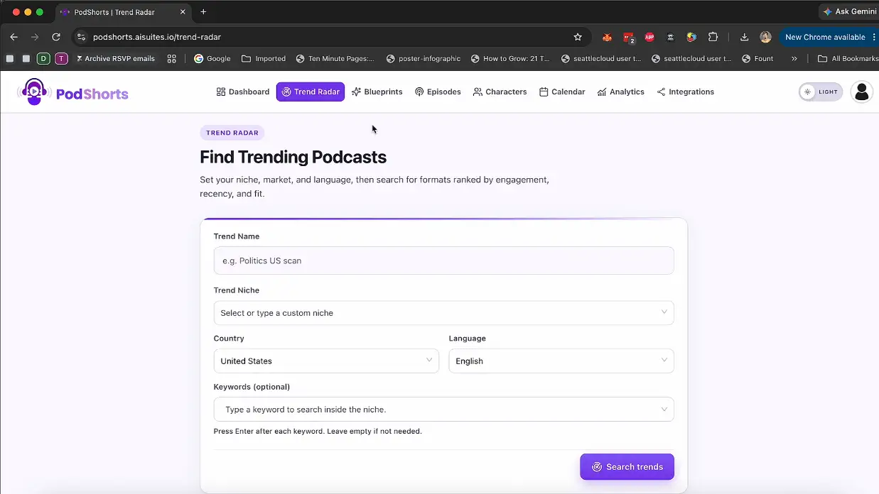PodShorts TrendRadar Live Niche and Keyword Discovery